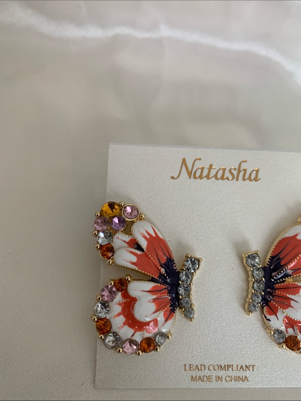Natasha Couture Orange, White & Pink Butterfly Crystal Earrings - Picture 7 of 8